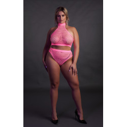 Ouch! Glow Ensemble Bustier et Culotte Filet Rose Fluo